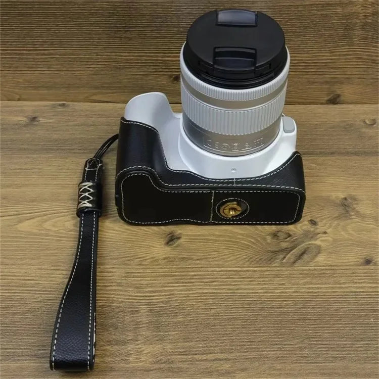 For Canon EOS 200D / 200D II PU Leather Camera Bottom Cover Screw Design Half Body Case with Strap