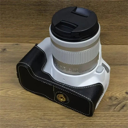 For Canon EOS 200D / 200D II PU Leather Camera Bottom Cover Screw Design Half Body Case with Strap