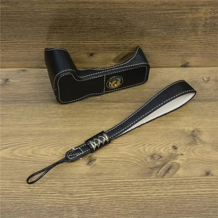 For Canon EOS 200D / 200D II PU Leather Camera Bottom Cover Screw Design Half Body Case with Strap