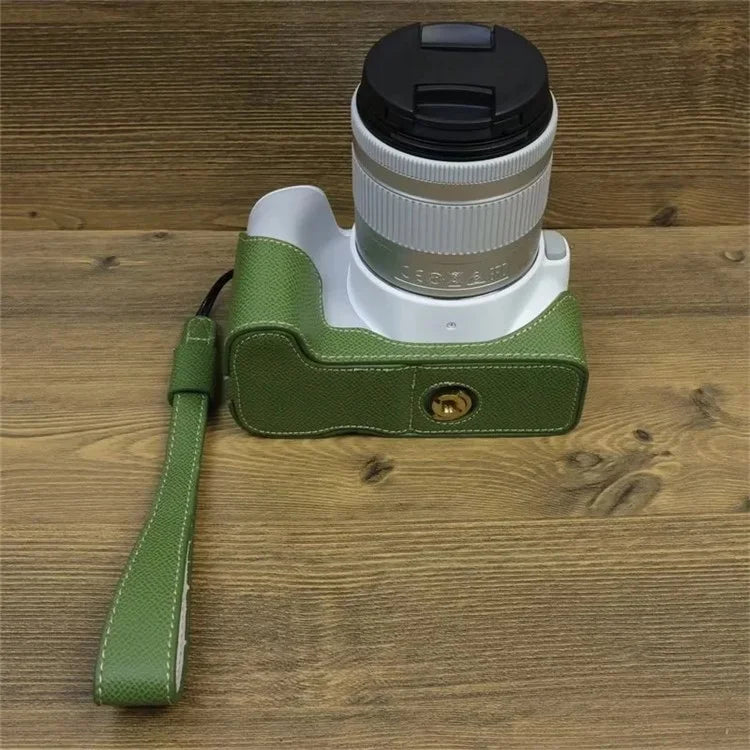 For Canon EOS 200D / 200D II PU Leather Camera Bottom Cover Screw Design Half Body Case with Strap