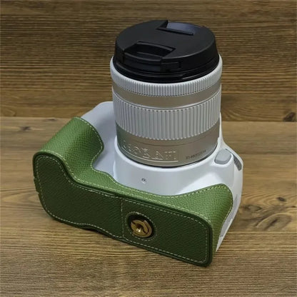 For Canon EOS 200D / 200D II PU Leather Camera Bottom Cover Screw Design Half Body Case with Strap