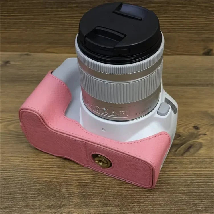 For Canon EOS 200D / 200D II PU Leather Camera Bottom Cover Screw Design Half Body Case with Strap