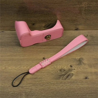 For Canon EOS 200D / 200D II PU Leather Camera Bottom Cover Screw Design Half Body Case with Strap