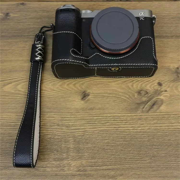 For Sony A7C II Camera Bottom Case PU Leather Anti-drop Half Body Cover with Wrist Strap