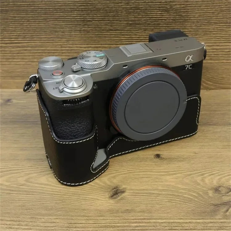 For Sony A7C II Camera Bottom Case PU Leather Anti-drop Half Body Cover with Wrist Strap