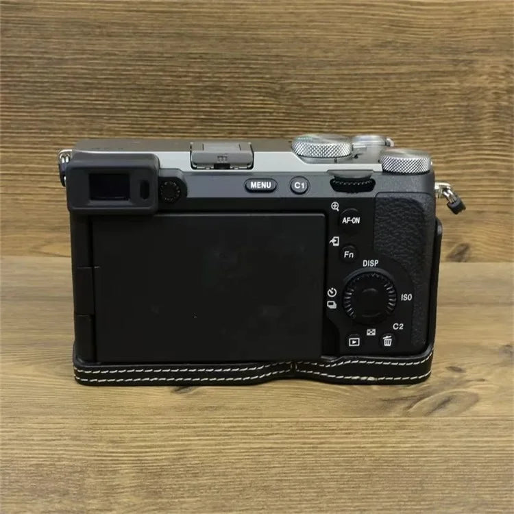 For Sony A7C II Camera Bottom Case PU Leather Anti-drop Half Body Cover with Wrist Strap