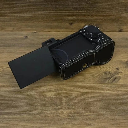 For Sony A7C II Camera Bottom Case PU Leather Anti-drop Half Body Cover with Wrist Strap