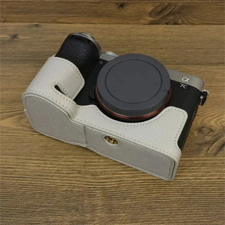For Sony A7C II Camera Bottom Case PU Leather Anti-drop Half Body Cover with Wrist Strap