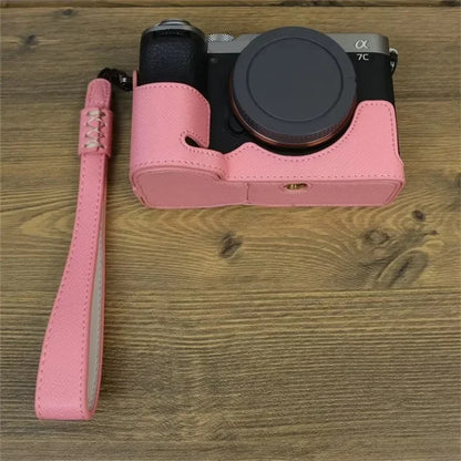 For Sony A7C II Camera Bottom Case PU Leather Anti-drop Half Body Cover with Wrist Strap