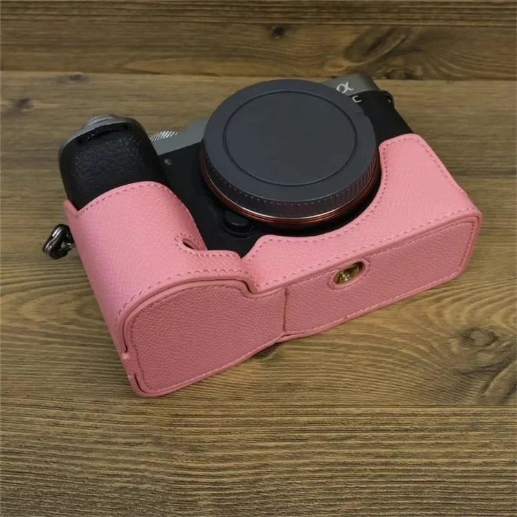 For Sony A7C II Camera Bottom Case PU Leather Anti-drop Half Body Cover with Wrist Strap