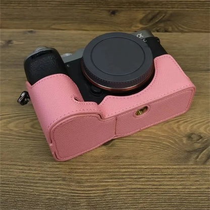For Sony A7C II Camera Bottom Case PU Leather Anti-drop Half Body Cover with Wrist Strap