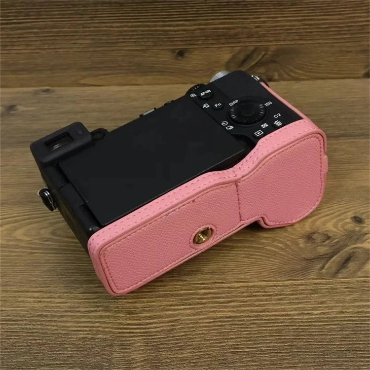 For Sony A7C II Camera Bottom Case PU Leather Anti-drop Half Body Cover with Wrist Strap