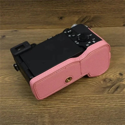 For Sony A7C II Camera Bottom Case PU Leather Anti-drop Half Body Cover with Wrist Strap
