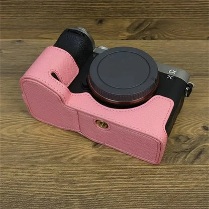 For Sony A7C II Camera Bottom Case PU Leather Anti-drop Half Body Cover with Wrist Strap