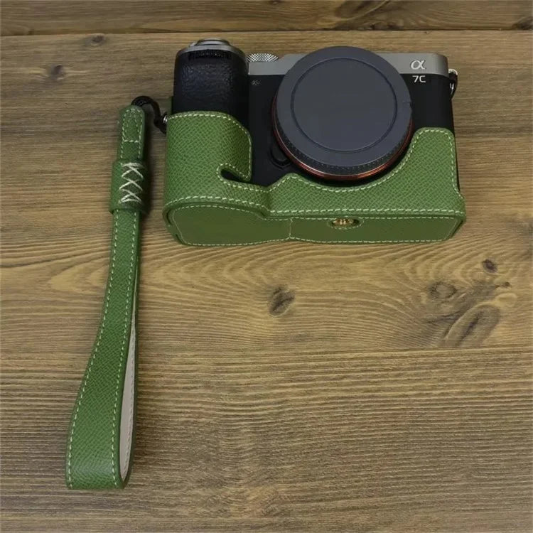 For Sony A7C II Camera Bottom Case PU Leather Anti-drop Half Body Cover with Wrist Strap