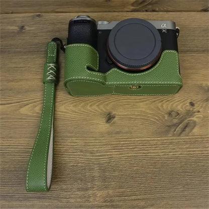 For Sony A7C II Camera Bottom Case PU Leather Anti-drop Half Body Cover with Wrist Strap