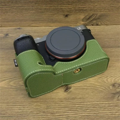 For Sony A7C II Camera Bottom Case PU Leather Anti-drop Half Body Cover with Wrist Strap