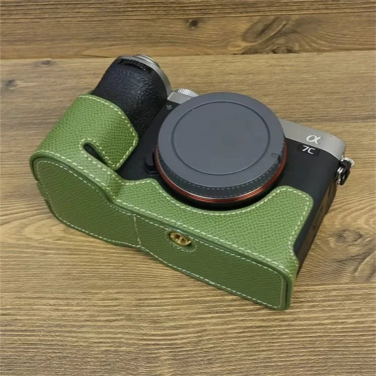For Sony A7C II Camera Bottom Case PU Leather Anti-drop Half Body Cover with Wrist Strap