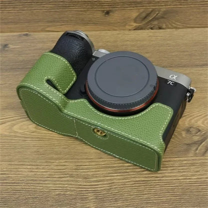 For Sony A7C II Camera Bottom Case PU Leather Anti-drop Half Body Cover with Wrist Strap