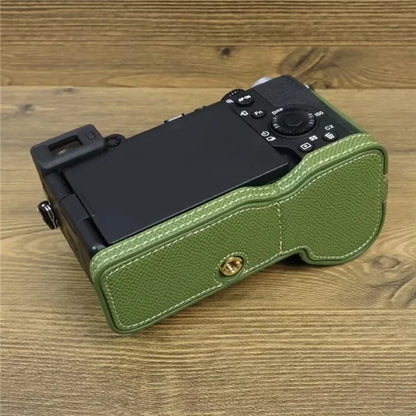 For Sony A7C II Camera Bottom Case PU Leather Anti-drop Half Body Cover with Wrist Strap