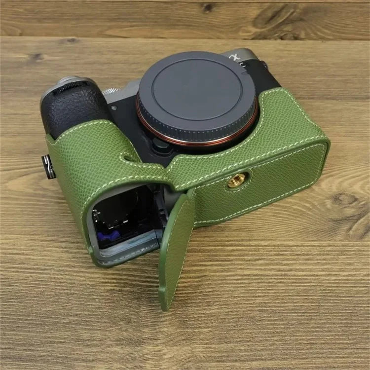 For Sony A7C II Camera Bottom Case PU Leather Anti-drop Half Body Cover with Wrist Strap