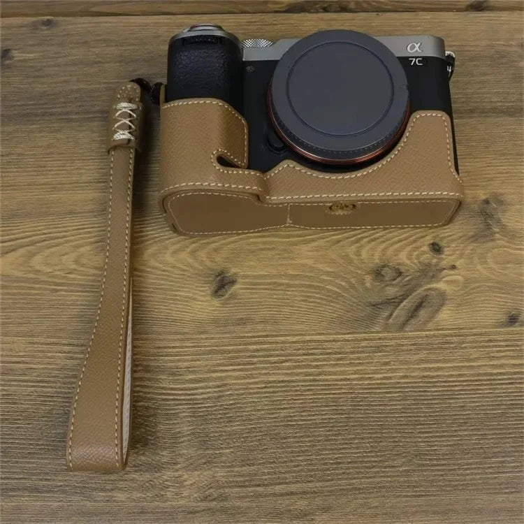 For Sony A7C II Camera Bottom Case PU Leather Anti-drop Half Body Cover with Wrist Strap
