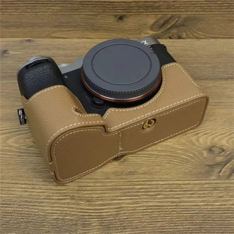 For Sony A7C II Camera Bottom Case PU Leather Anti-drop Half Body Cover with Wrist Strap