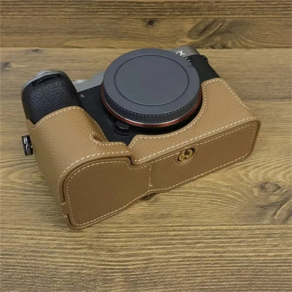 For Sony A7C II Camera Bottom Case PU Leather Anti-drop Half Body Cover with Wrist Strap