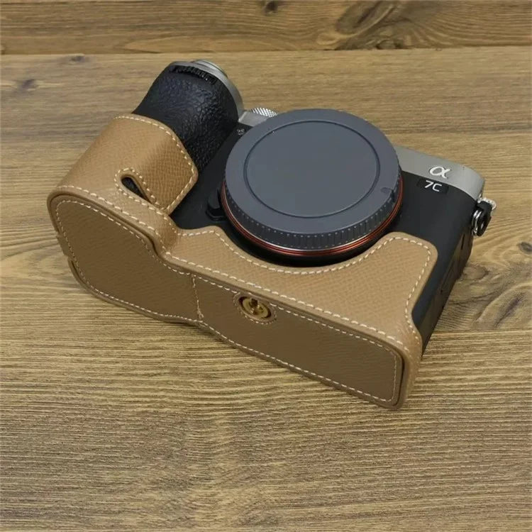 For Sony A7C II Camera Bottom Case PU Leather Anti-drop Half Body Cover with Wrist Strap