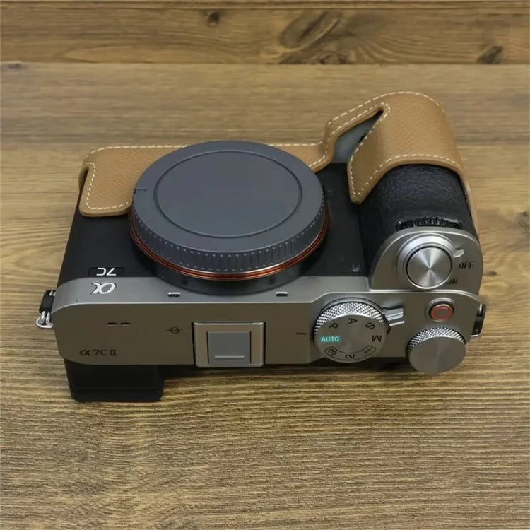 For Sony A7C II Camera Bottom Case PU Leather Anti-drop Half Body Cover with Wrist Strap