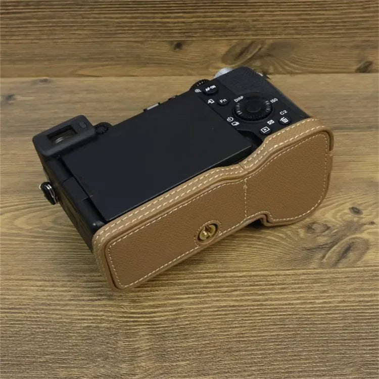 For Sony A7C II Camera Bottom Case PU Leather Anti-drop Half Body Cover with Wrist Strap