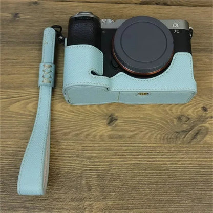 For Sony A7C II Camera Bottom Case PU Leather Anti-drop Half Body Cover with Wrist Strap