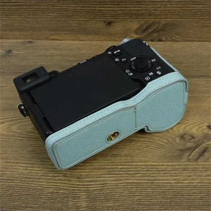 For Sony A7C II Camera Bottom Case PU Leather Anti-drop Half Body Cover with Wrist Strap
