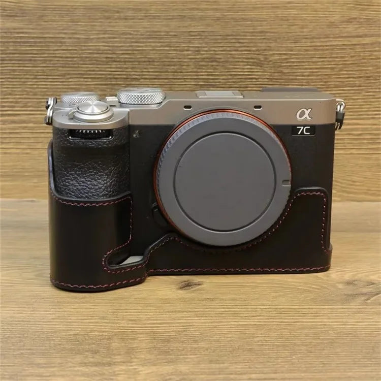 For Sony A7CII PU Leather Camera Bottom Cover Screw Design Half Body Case Anti-Scratch Protector