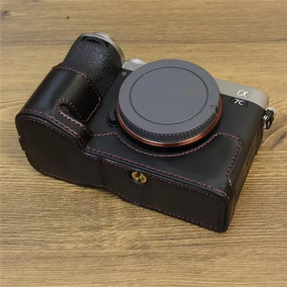 For Sony A7CII PU Leather Camera Bottom Cover Screw Design Half Body Case Anti-Scratch Protector