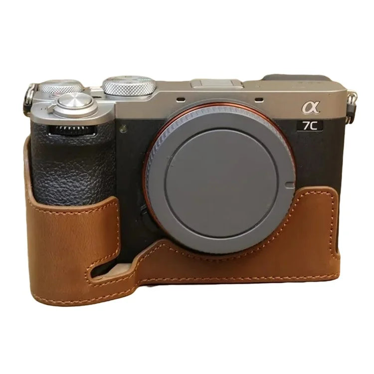 For Sony A7CII PU Leather Camera Bottom Cover Screw Design Half Body Case Anti-Scratch Protector