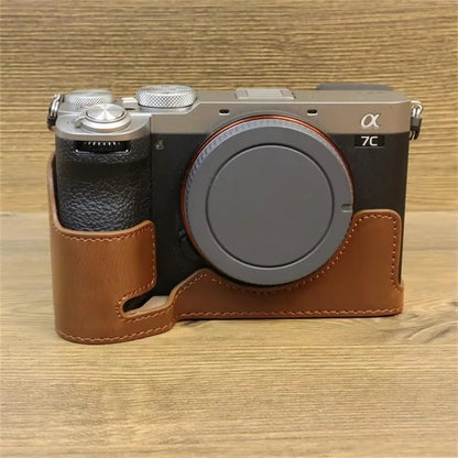 For Sony A7CII PU Leather Camera Bottom Cover Screw Design Half Body Case Anti-Scratch Protector