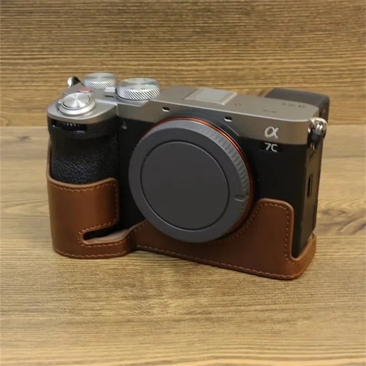 For Sony A7CII PU Leather Camera Bottom Cover Screw Design Half Body Case Anti-Scratch Protector