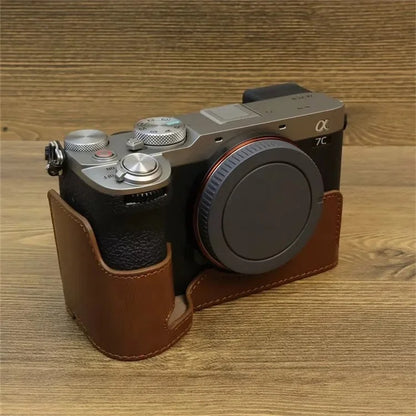 For Sony A7CII PU Leather Camera Bottom Cover Screw Design Half Body Case Anti-Scratch Protector