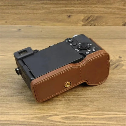 For Sony A7CII PU Leather Camera Bottom Cover Screw Design Half Body Case Anti-Scratch Protector