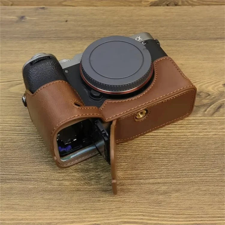 For Sony A7CII PU Leather Camera Bottom Cover Screw Design Half Body Case Anti-Scratch Protector