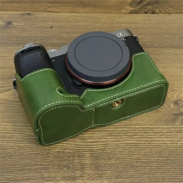 For Sony A7CII PU Leather Camera Bottom Cover Screw Design Half Body Case Anti-Scratch Protector