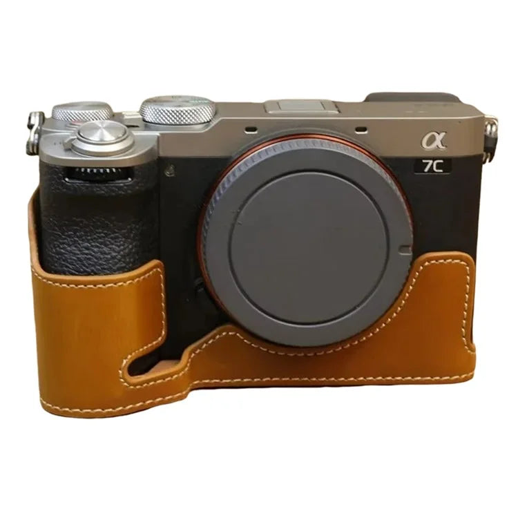 For Sony A7CII PU Leather Camera Bottom Cover Screw Design Half Body Case Anti-Scratch Protector