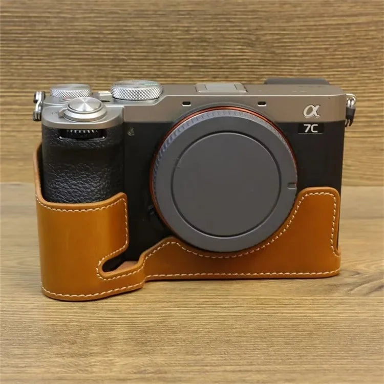 For Sony A7CII PU Leather Camera Bottom Cover Screw Design Half Body Case Anti-Scratch Protector