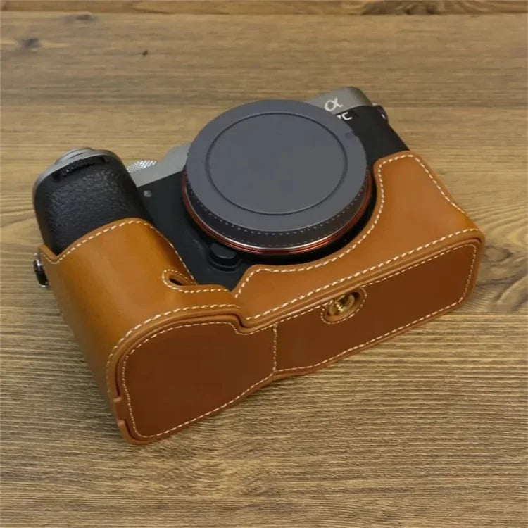 For Sony A7CII PU Leather Camera Bottom Cover Screw Design Half Body Case Anti-Scratch Protector