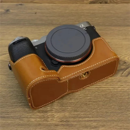 For Sony A7CII PU Leather Camera Bottom Cover Screw Design Half Body Case Anti-Scratch Protector