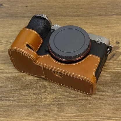 For Sony A7CII PU Leather Camera Bottom Cover Screw Design Half Body Case Anti-Scratch Protector