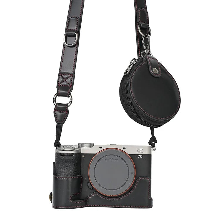 For Sony A7C II Detachable Camera Bag PU Leather Battery Opening Case with Lens Bag