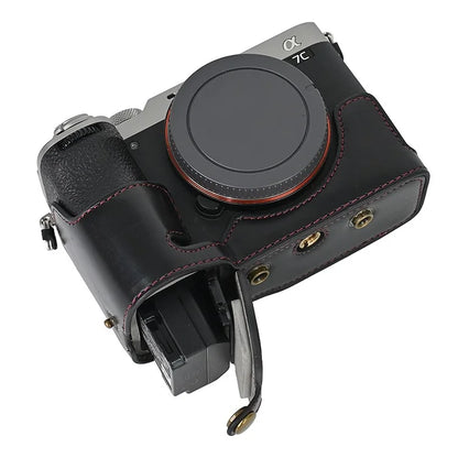 For Sony A7C II Detachable Camera Bag PU Leather Battery Opening Case with Lens Bag