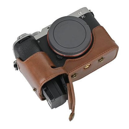 For Sony A7C II Detachable Camera Bag PU Leather Battery Opening Case with Lens Bag